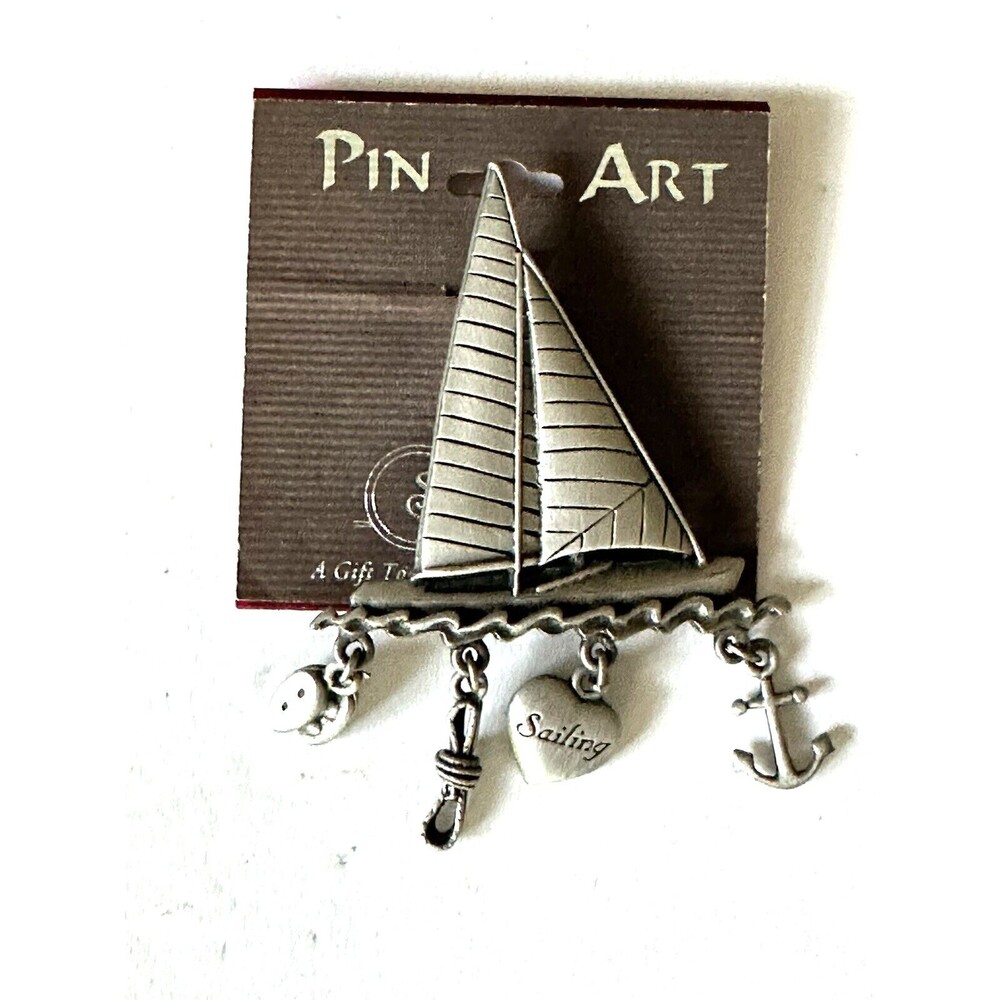 Vintage Spoontiques Nautical Pin Art Sailboat Brooch New On Card Sailing Anchor